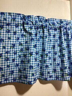 HANDMADE BLUE AND GINGHAM COTTON VALANCE,42 X 15 INCHES